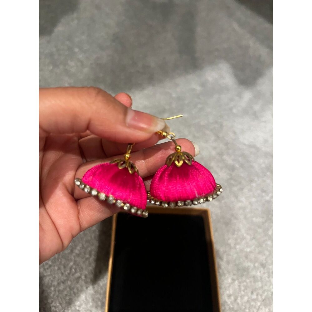 Handmade hot pink silk thread hanging, Dangle & Drop Earrings - Picture 3 of 4